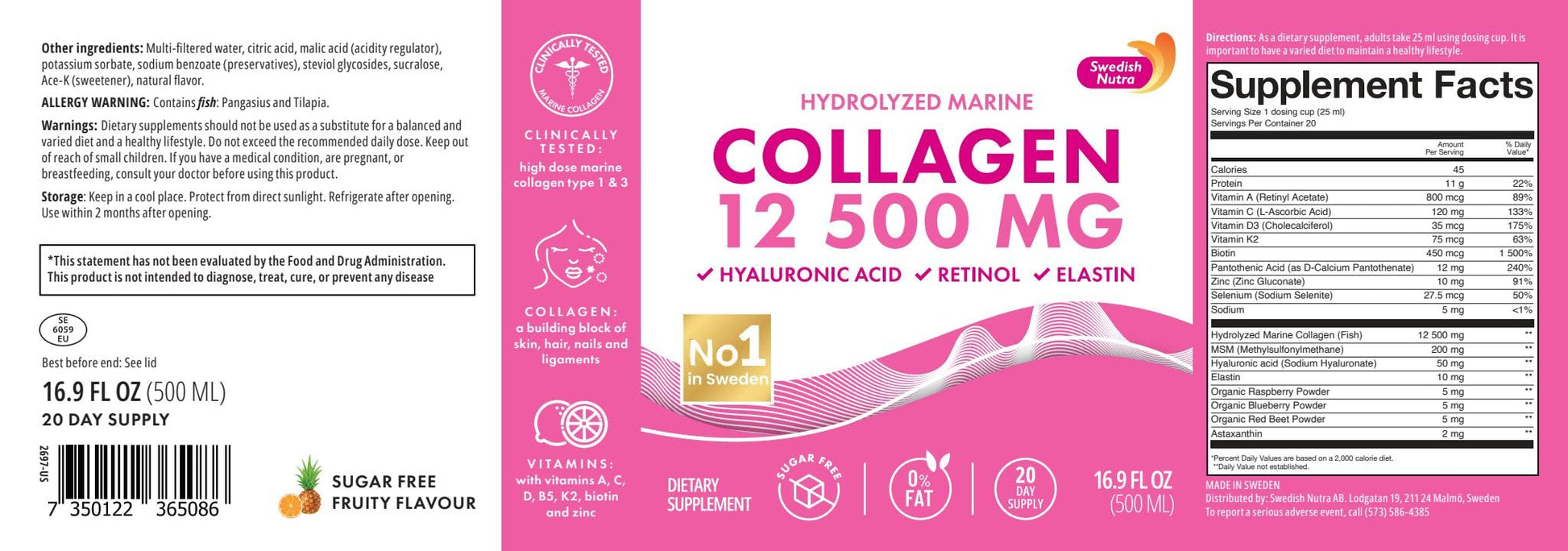 Swedish Nutra 12,500mg Liquid Marine Collagen Hydrolyzed Peptide (Type 1 & 3) | 20 Day Supply, 500 ml | Hyaluronic Acid, Biotin & Vitamins for Hair, Skin, Nails & Joints | For Men & Women | Sugar Free Swedish Nutra buy supplements Au
