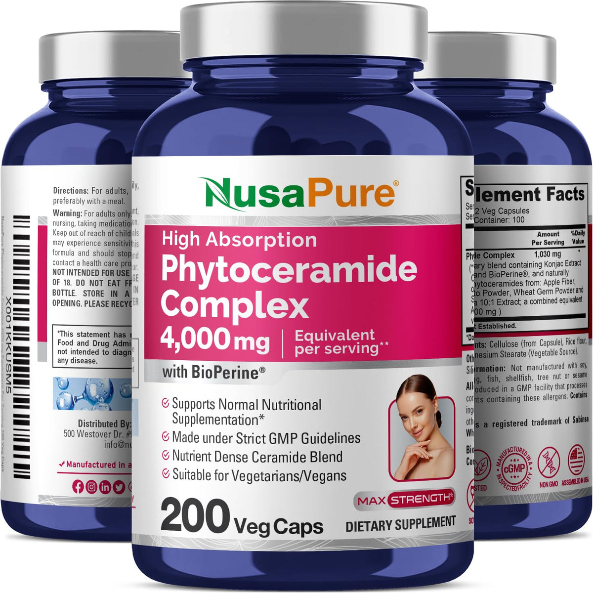 NusaPure Phytoceramide Complex 10:1 Extract, 1030 mg Equivalent to 4000 mg 200 Veggie Capsules (Non-GMO) Bioperine NusaPureBuy Supplements Australia