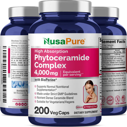 NusaPure Phytoceramide Complex 10:1 Extract, 1030 mg Equivalent to 4000 mg 200 Veggie Capsules (Non-GMO) Bioperine NusaPureBuy Supplements Australia