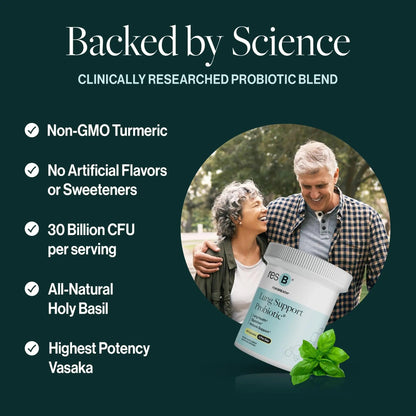 resB Lung Support Probiotic Supplement - Lung Health Supplement for Smokers, Gut Health, Immune & Digestive Support, Respiratory Care, Holy Basil & Turmeric, Clinically Trialed - 60 Capsules ResBioticBuy Supplements Australia