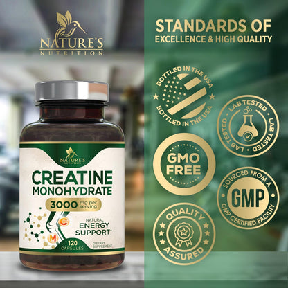 Creatine Monohydrate Capsules 3000mg Per Serving – Micronized Creatine Powder - Supports Lean Muscle, Strength, Energy, & Endurance - Nature's Supplement, Non-GMO, Bottled in USA - 120 Capsules Nature's NutritionBuy Supplements Australia