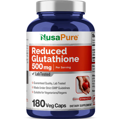 NusaPure Reduced Glutathione 500mg 180 Veggie Capsules (Vegan,Non-GMO) L-Glutathione NusaPureBuy Supplements Australia