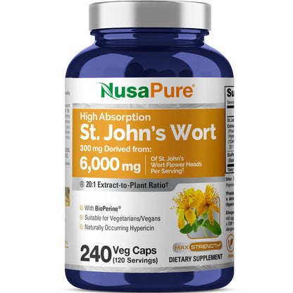 NusaPure St. John's Wort 20:1 Extract, 300 mg Equivalent to 6,000mg 240 Veggie Capsules (Vegetarian, Non-GMO & Vegan) Bioperine NusaPureBuy Supplements Australia