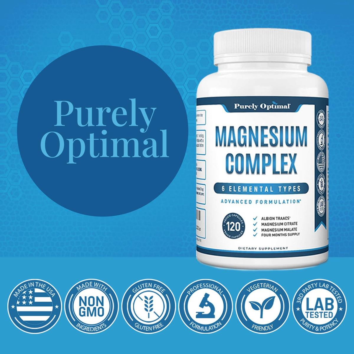 Purely Optimal Magnesium Complex - 6 Forms Magnesium Glycinate, Citrate & Malate - Sleep Support, Stress Relief, Muscles, Heart Health & Relaxation