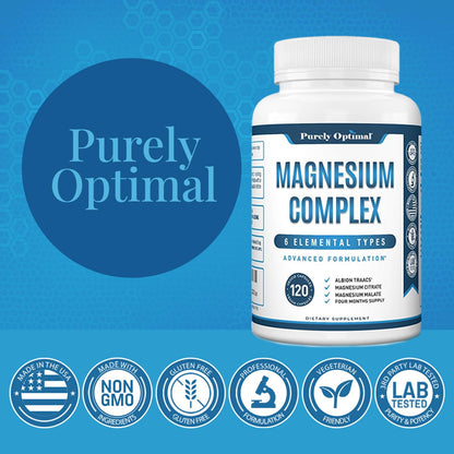 Purely Optimal Magnesium Complex - 6 Forms Magnesium Glycinate, Citrate & Malate - Sleep Support, Stress Relief, Muscles, Heart Health & Relaxation