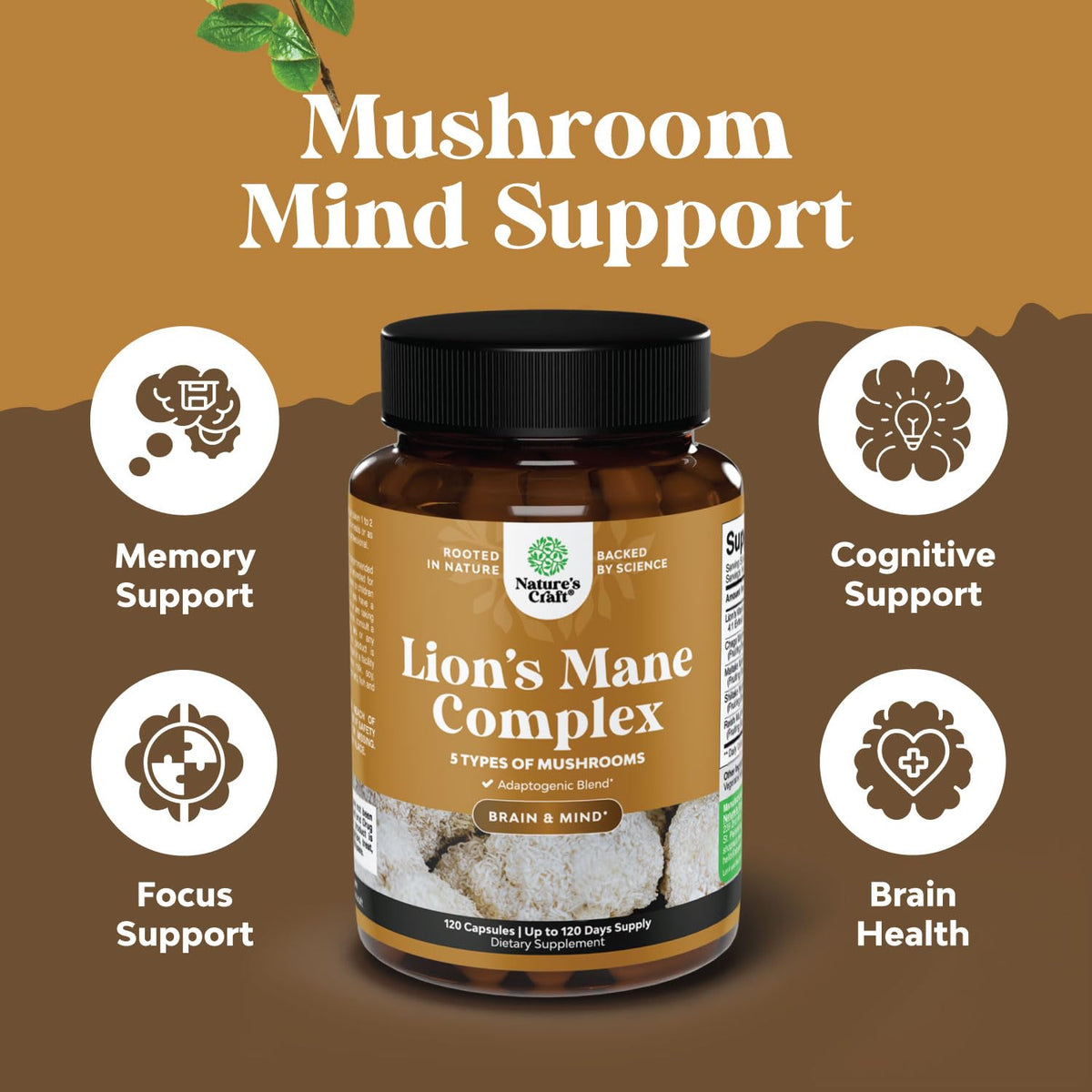 Advanced Lion's Mane Mushroom Supplement - Lions Mane Supplement Capsules with Reishi Chaga Maitake & Shiitake for Brain Health Memory Support & Focus - Nootropic for Mental Clarity - 120 Count Natures CraftBuy Supplements Australia