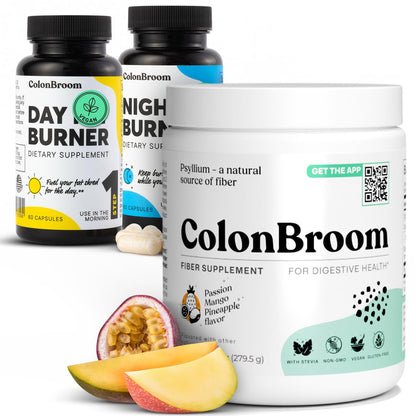 ColonBroom Psyllium Husk Powder, Colon Broom Colon Cleanser Fiber Supplement for Bloating Relief & Gut Health + Day & Night Burner Supplements, Weight Management Pills (60 & 50 Servings), 3 Items ColonBroomBuy Supplements Australia