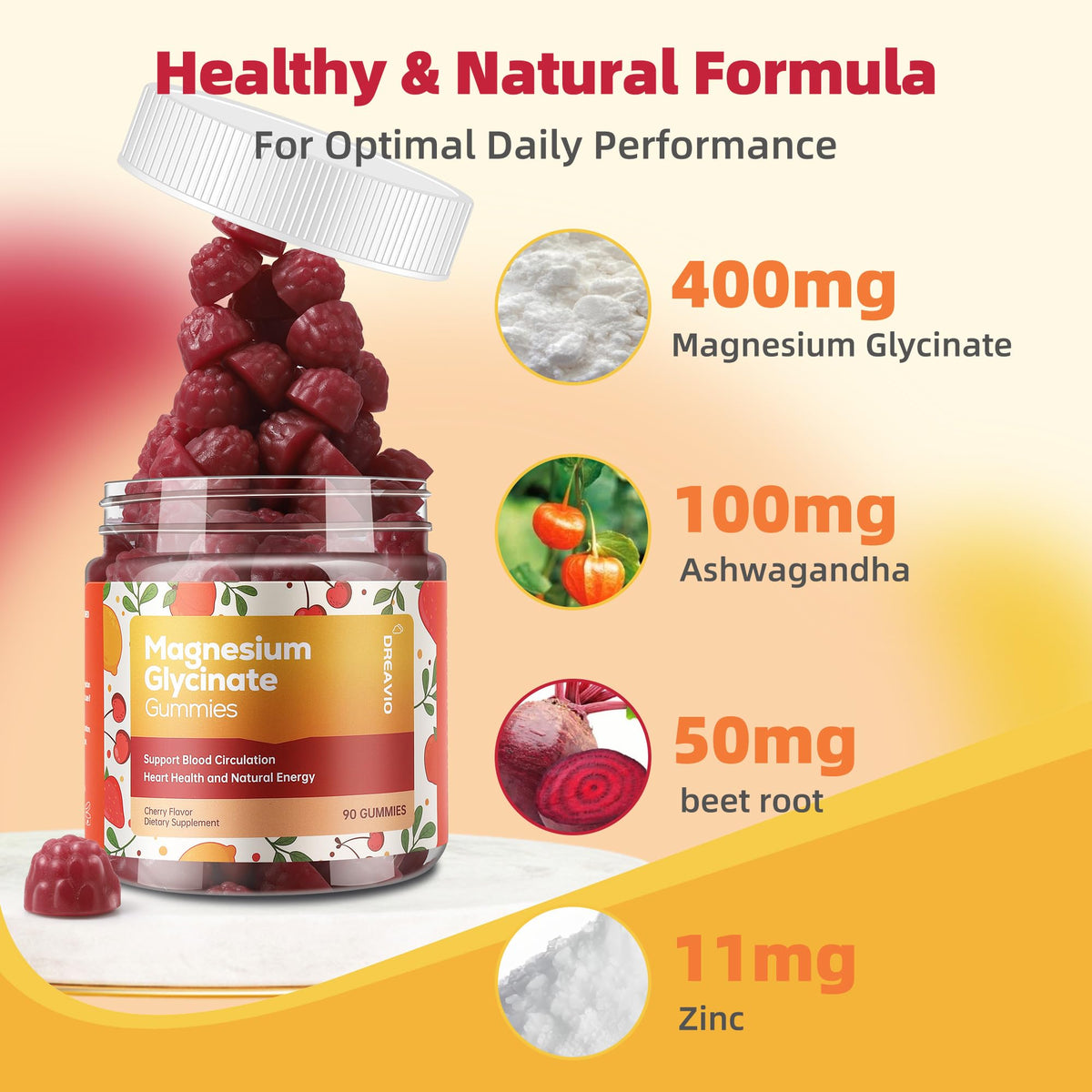 DREAVIO 90 Count Magnesium Glycinate Gummies 400mg w/Ashwagandha Supplement - Sugar Free Zinc Magnesium Glycinate Supplement Ashwagandha Gummies for Adults DREAVIOBuy Supplements Australia