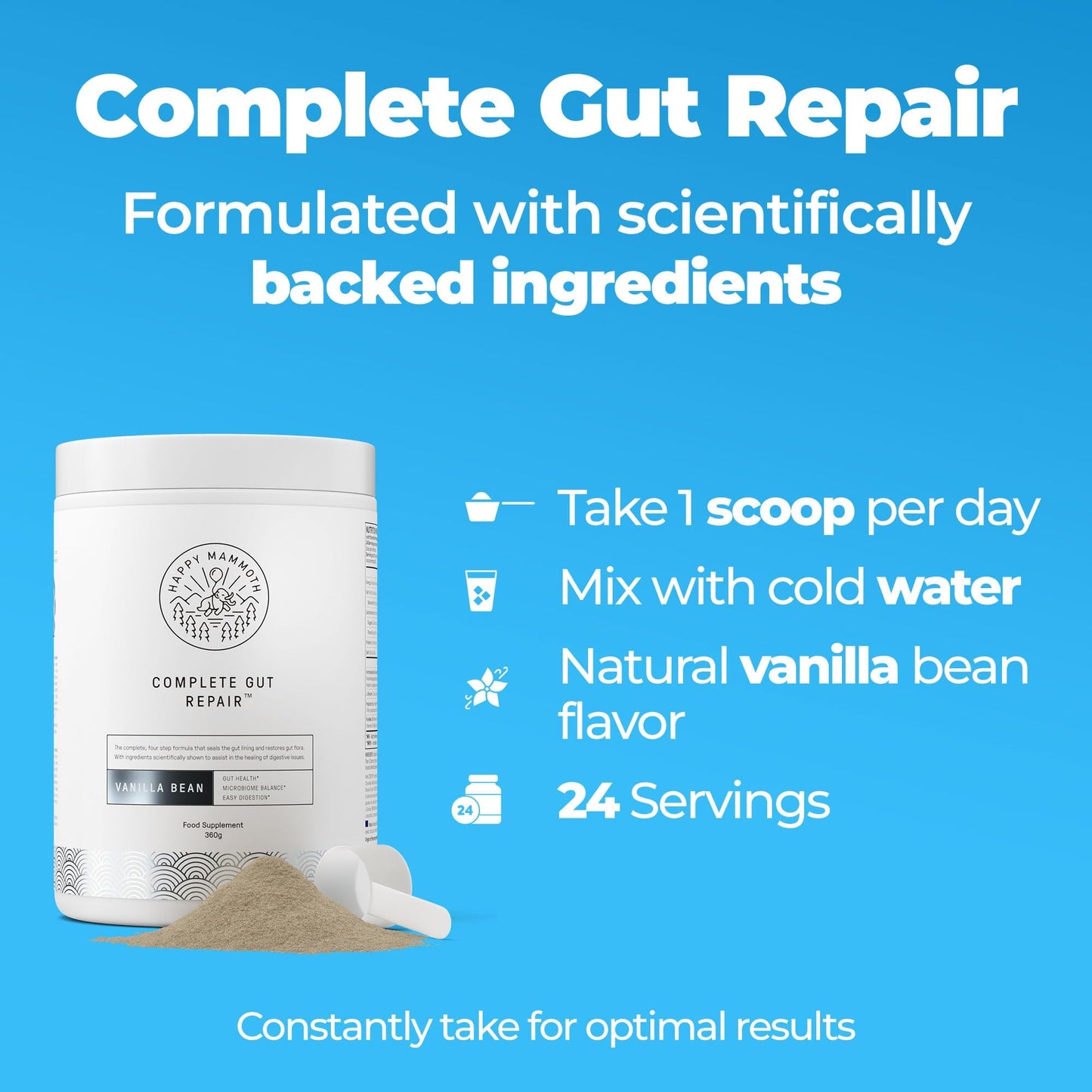 Happy Mammoth Complete Gut Repair Probiotic, Prebiotic, Fiber & Collagen Supplement for Gut Health, Digestion, Healthy Gut Microbiome, Reduces Constipation & Bloating 24 Servings, Vanilla Flavor Happy Mammoth buy supplements Au