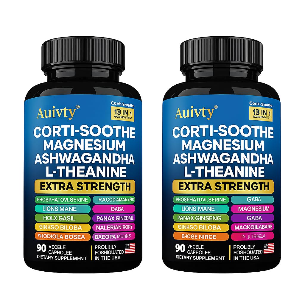 Auivty Cortisol Manager & Adrenal Support - Cortisol Reducer for Stress Relief, Calm & Sleep - 13-in-1 Adaptogen with Ashwagandha & Magnesium - 180 Capsules (2-Pack) AuivtyBuy Supplements Australia