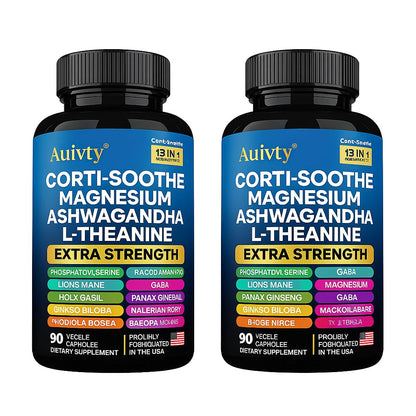 Auivty Cortisol Manager & Adrenal Support - Cortisol Reducer for Stress Relief, Calm & Sleep - 13-in-1 Adaptogen with Ashwagandha & Magnesium - 180 Capsules (2-Pack) AuivtyBuy Supplements Australia