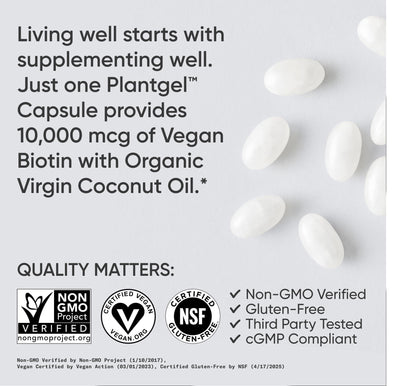 Sports Research® Biotin 10,000mcg with Organic Coconut Oil - Biotin (Vitamin B7) for Healthy Skin and Hair Support* - for Women and Men - Vegan, Non-GMO