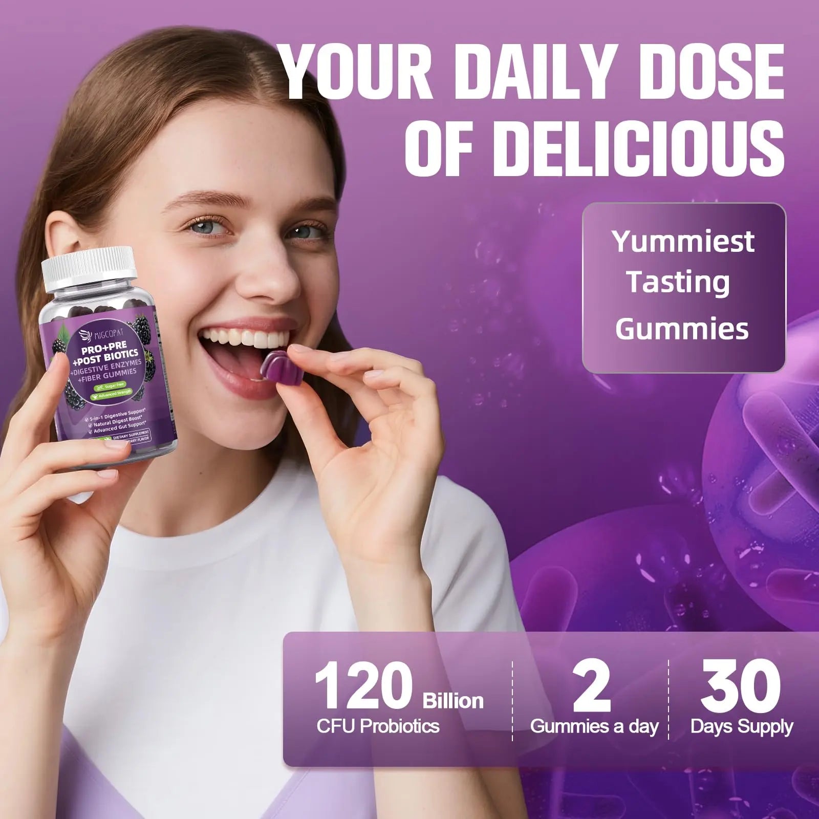 Migcopat Pre Post Probiotics Gummies, 5 in 1 Probiotic Prebiotic Postbiotic Digestive Enzymes with Fiber, 120 Billion CFU Probiotics Complete Gut Support, Sugar Free, Vegan, BlackBerry Flavor, 60 Cts MigcopatBuy Supplements Australia