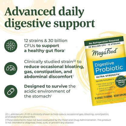 MegaFood Digestive Probiotic - 12 Strain Vegetarian Probiotics for Women & Men, 30 Billion CFUs, Support Gut Health, Probiotics for Digestive Health Help Relieve Occasional Gas & Bloating, 30 Capsules MegaFoodBuy Supplements Australia