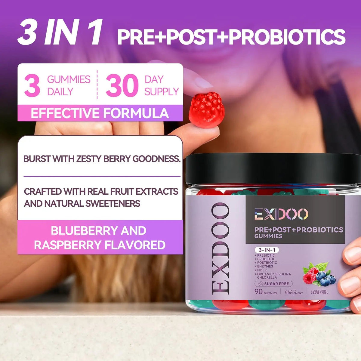 exdoo 3-in-1 Probiotic Gummies Prebiotic+Probiotic+Postbiotic with Organic Spirulina Chlorella Immune Gut & Digestive Support 90 Count exdooBuy Supplements Australia