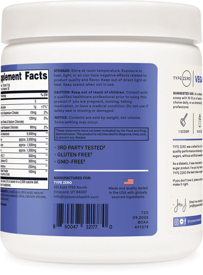Type Zero Ultra Clean Vegan BCAA Powder + Electrolytes (Blue Raspberry | 6G) 2:1:1 Sugar-Free/No Sucralose BCAAs Amino Acids Supplement - BCAA Vegan Amino Acids After Workout Drink, 30 Servings Type ZeroBuy Supplements Australia