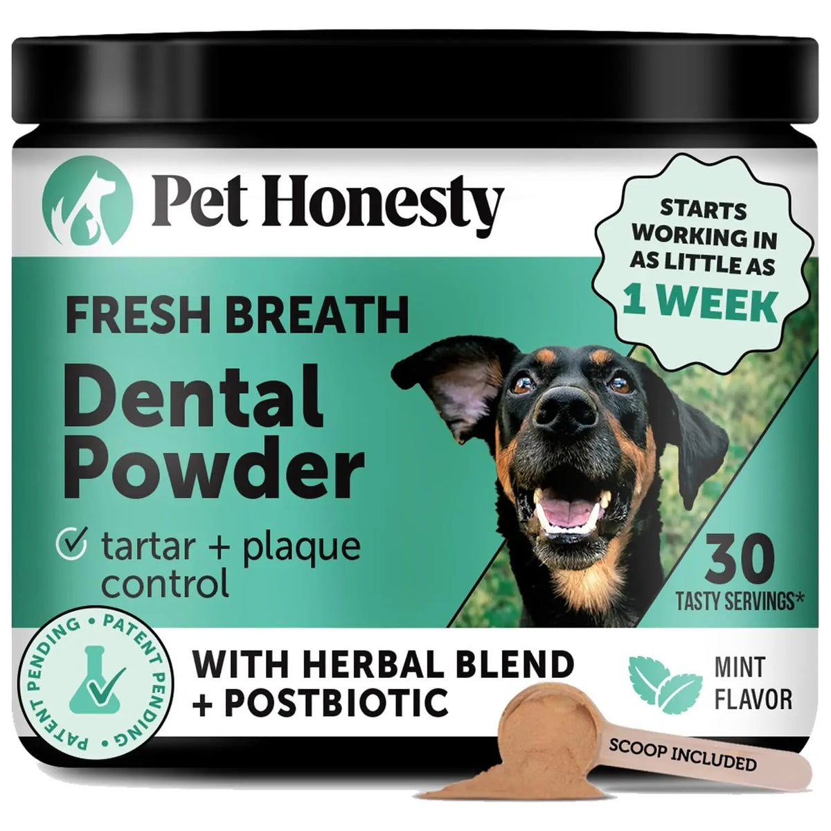 Dog Breath Freshener Dental Powder for Teeth Cleaning Plaque Off, Dental Care for Dogs, Tartar Remover for Teeth with Natural Herbal Blend + Postbiotics (Mint - 30 Servings) Pet HonestyBuy Supplements Australia