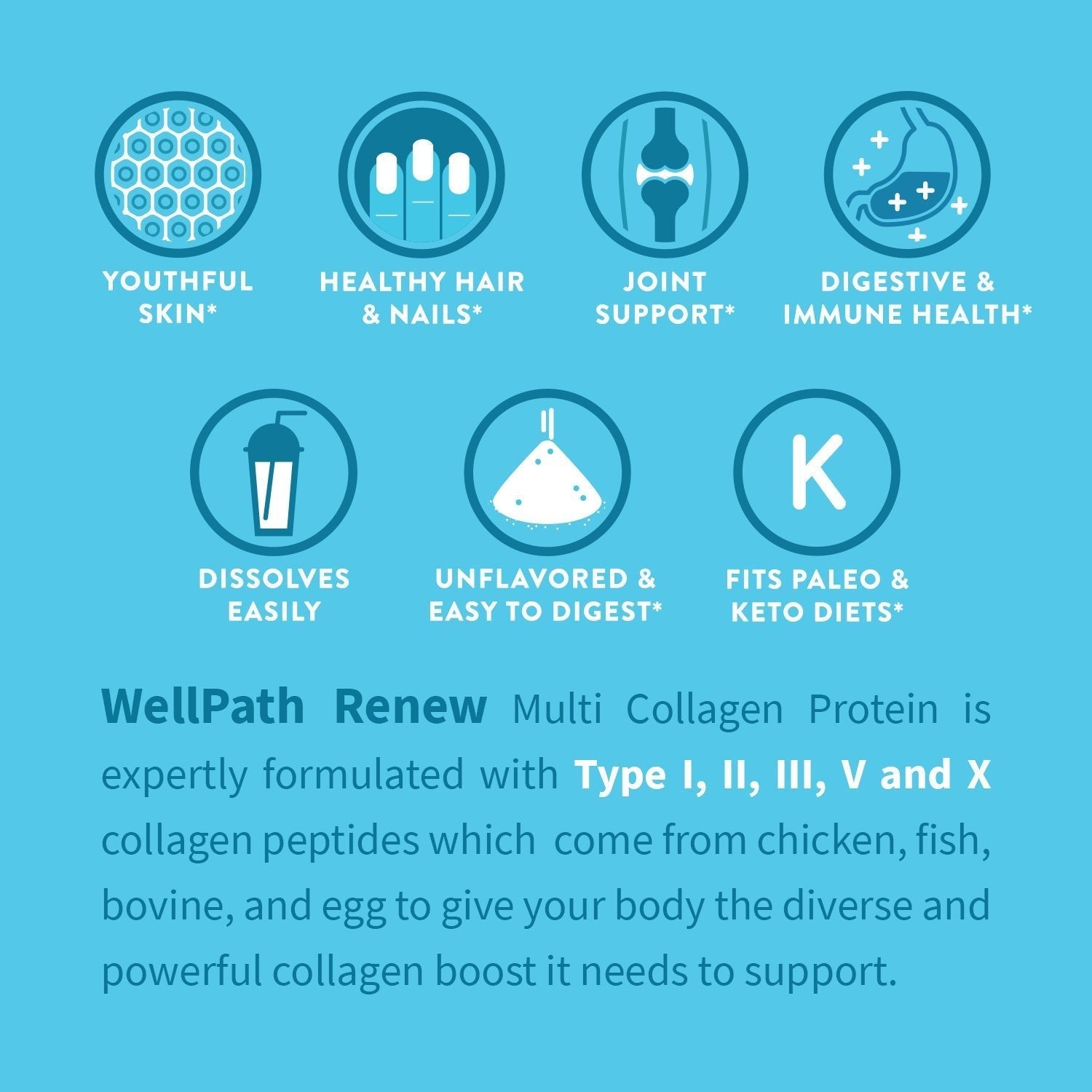 WellPath Multi Collagen Peptides Powder for Women | Renew Multi Collagen Protein for Hair, Nails, Skin | Hydrolyzed Bovine, Marine, & Chicken Sources | Types I, II, III, V, X | 11 oz | 40 Servings WellPath buy supplements Au