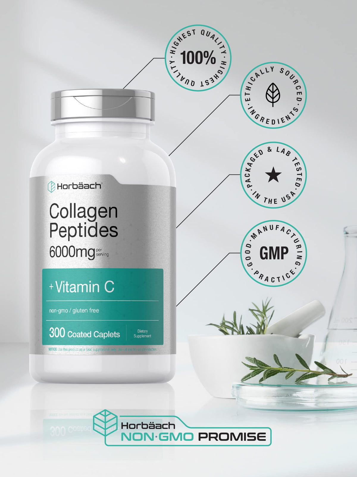 Horbäach Collagen Peptides 6000mg | 300 Caplet Pills | with Vitamin C | Hydrolyzed Collagen Supplement | Non-GMO, Gluten Free HorbäachBuy Supplements Australia