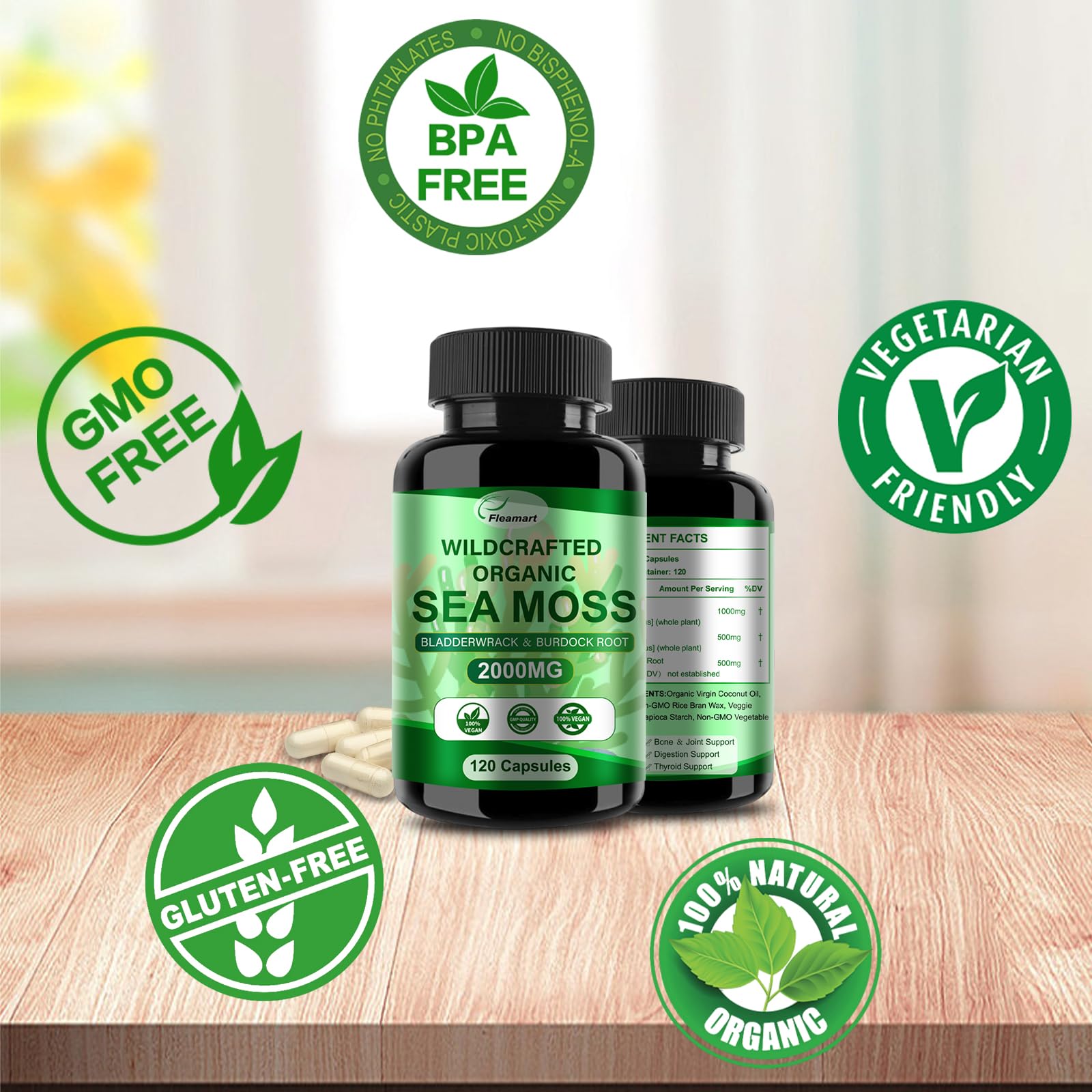 Fleamart Irish Sea Moss Capsules 120ct Raw Organic Sea Moss Wildcrafted Bladderwrack FleamartBuy Supplements Australia