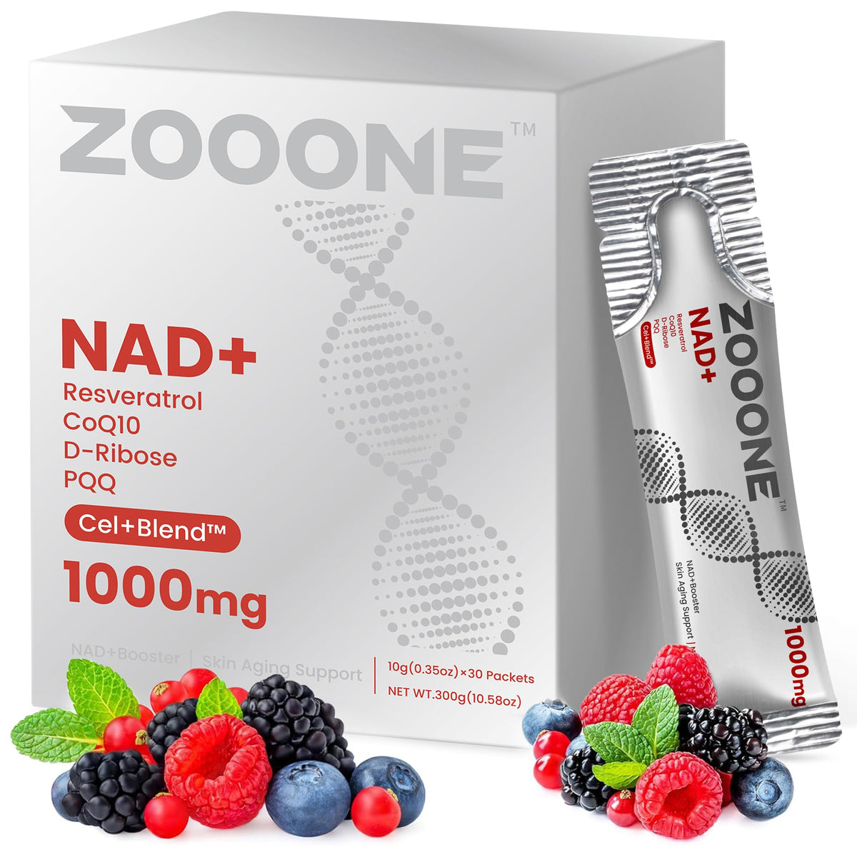 Zooone NAD+ supplement packaging with berries on a white background