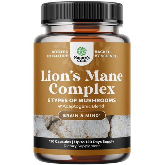Advanced Lion's Mane Mushroom Supplement - Lions Mane Supplement Capsules with Reishi Chaga Maitake & Shiitake for Brain Health Memory Support & Focus - Nootropic for Mental Clarity - 120 Count Natures CraftBuy Supplements Australia