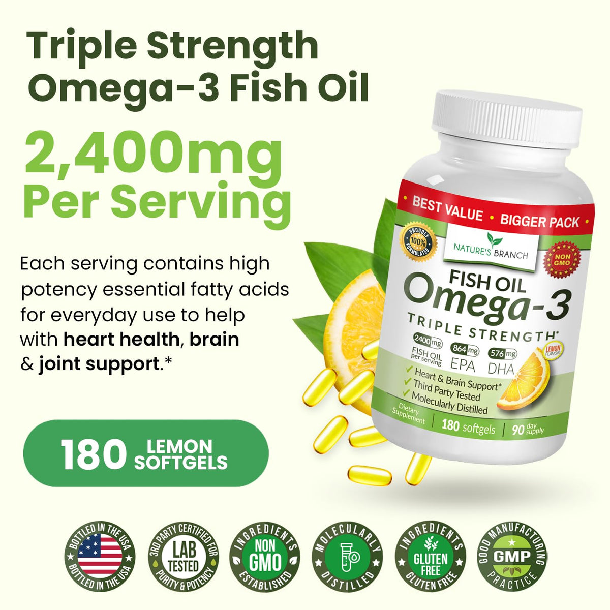 Triple Strength Omega 3 Fish Oil Supplements 2400mg | 180 Capsules, Burpless High Potency Lemon Flavor, High EPA DHA for Men & Women Ultra Pure Softgels