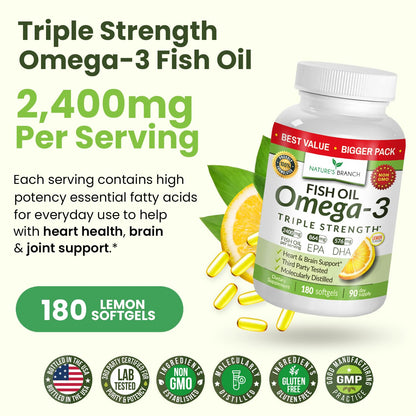 Triple Strength Omega 3 Fish Oil Supplements 2400mg | 180 Capsules, Burpless High Potency Lemon Flavor, High EPA DHA for Men & Women Ultra Pure Softgels