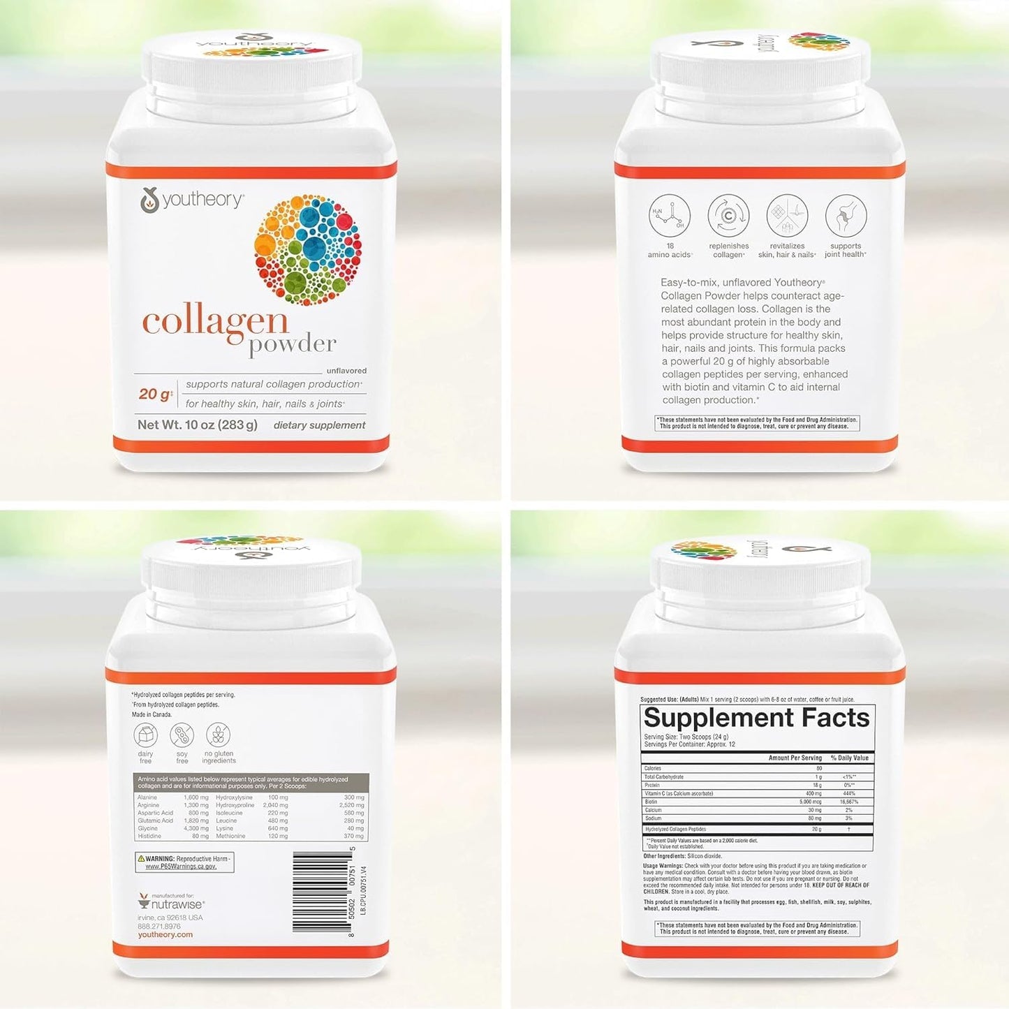 Youtheory Collagen Powder - Hydrolyzed Collagen Peptides with Vitamin C - Supports Healthy Bones, Joints & Immune System* - Unflavored - 10 oz (10-Day Supply) YoutheoryBuy Supplements Australia