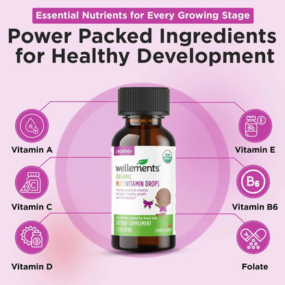 Wellements Organic Baby Multivitamin Drops (1 Fl Oz) - Cherry Flavor Liquid Multivitamins for Infants & Toddlers (2 Months+) WellementsBuy Supplements Australia