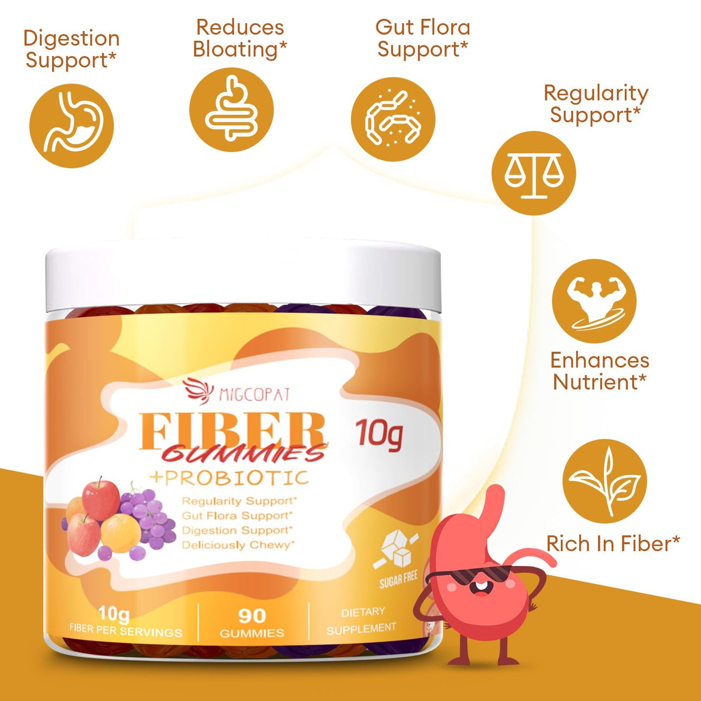 Migcopat 10G Fiber Gummies with Probiotics, Fiber Supplement with 30 Billion CFU Probiotics Blend, ACV, Vitamin C, Inulin - Support Digestive Health