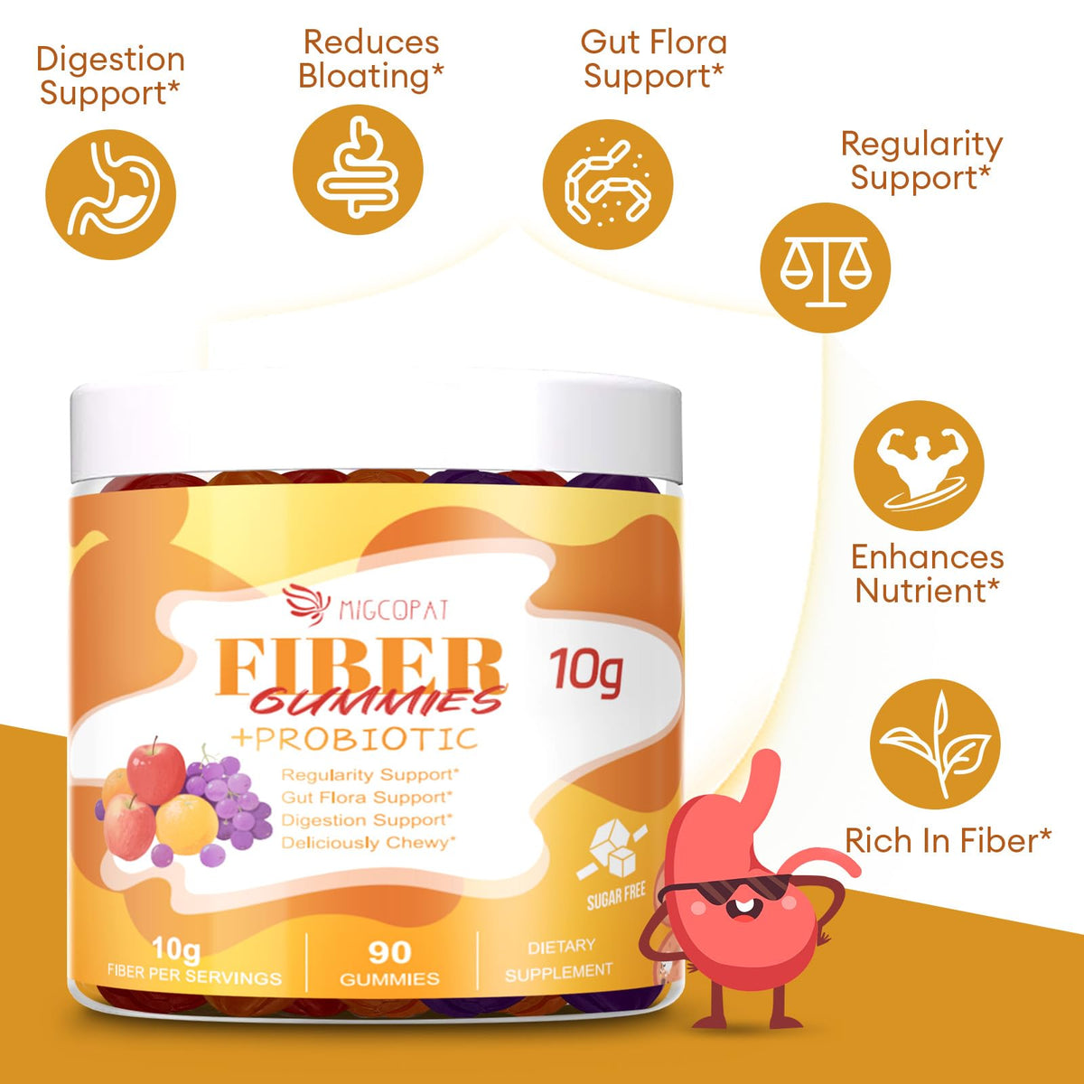 Migcopat 10G Fiber Gummies for Adults - Support Digestive Health - Fiber Supplement with 30 Billion CFU Probiotics Blend, ACV, Vitamin C, Inulin - No Sugar Added - Fruit Flavored - 180 Count