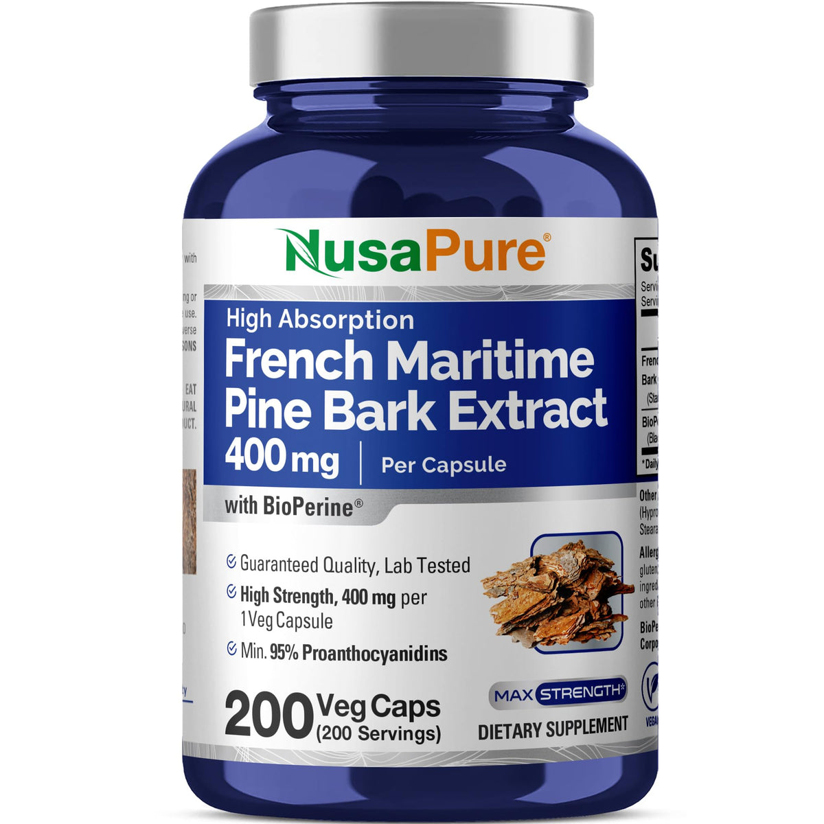 NusaPure French Maritime Pine Bark Extract 400mg per Veggie Caps 200-Day Supply Bioperine Non-GMO Vegan NusaPureBuy Supplements Australia