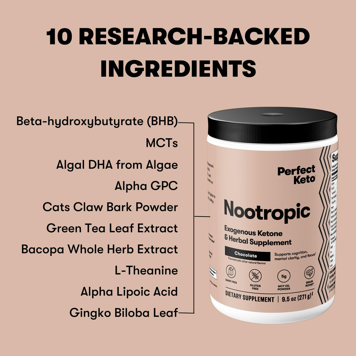 Perfect Keto Nootropic Brain Support, Caffeine Free Focus and Energy Supplement with Alpha Lipoic Acid, L Theanine, Ginkgo Biloba, Alpha GPC, MCT's, Collagen, Ketones, Chocolate Drink Mix, 15 Servings Perfect KetoBuy Supplements Australia