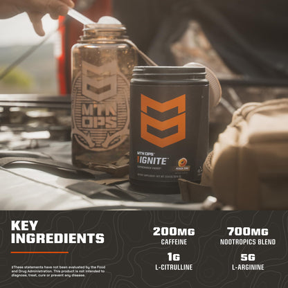 MTN OPS Ignite Trail Packs Energy Drink Powder, Gluten Free Nootropic Supplement Drink Mix, L Arginine, L Citrulline, Caffeine & Nootropic Sugar Free Drink Mix, 20 Servings, Tiger's Blood MTN OPSBuy Supplements Australia