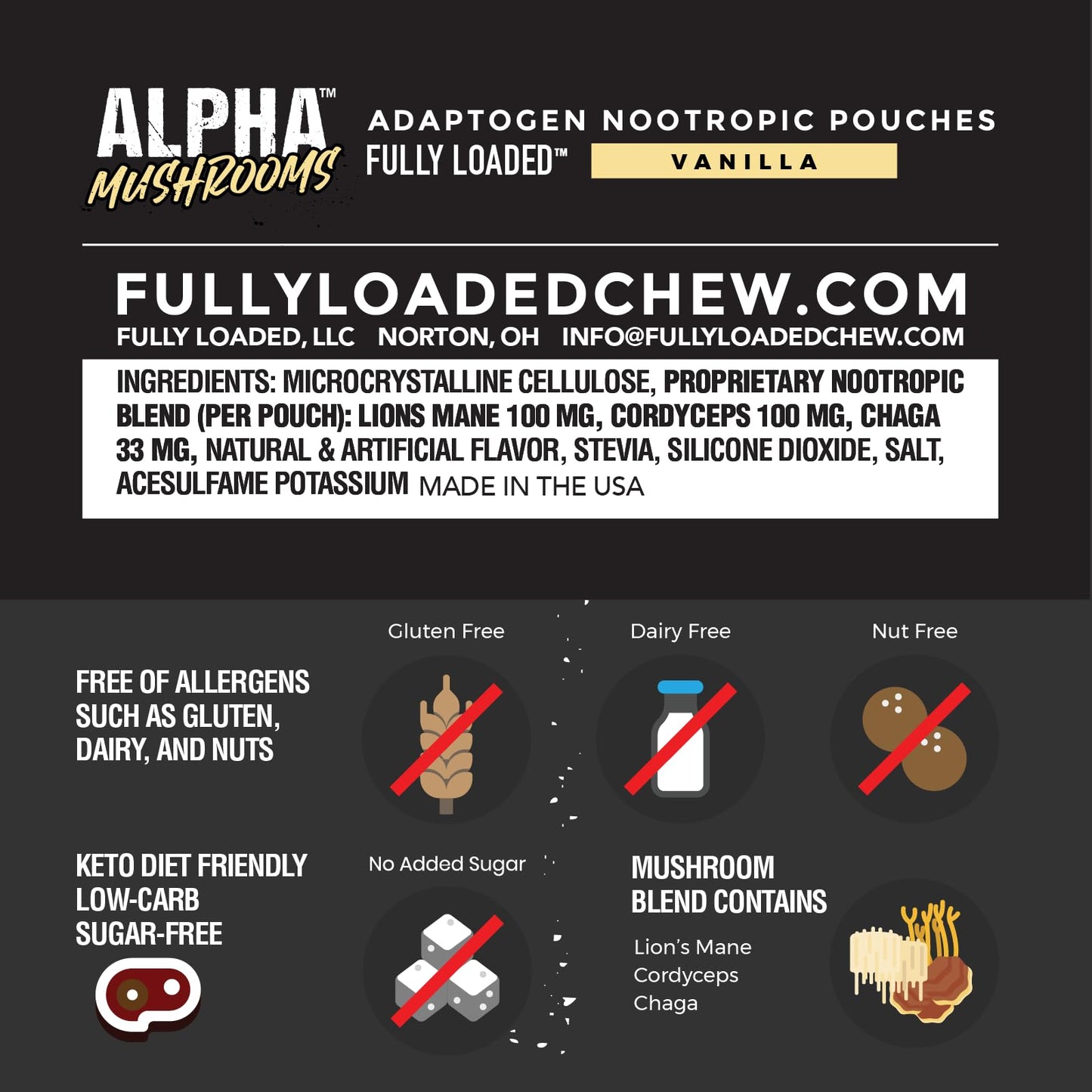 Fully Loaded Alpha Mushroom Pouches - Adaptogen Nootropic Pouches (5-Pack, Vanilla) - Lion's Mane, Cordyceps, & Chaga - 5 cans, 15 Pouches per can - Functional Mushrooms - Made in the USA Fully Loaded BullseyeBuy Supplements Australia