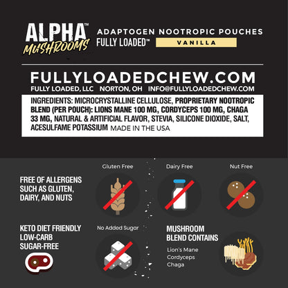Fully Loaded Alpha Mushroom Pouches - Adaptogen Nootropic Pouches (5-Pack, Vanilla) - Lion's Mane, Cordyceps, & Chaga - 5 cans, 15 Pouches per can - Functional Mushrooms - Made in the USA Fully Loaded BullseyeBuy Supplements Australia