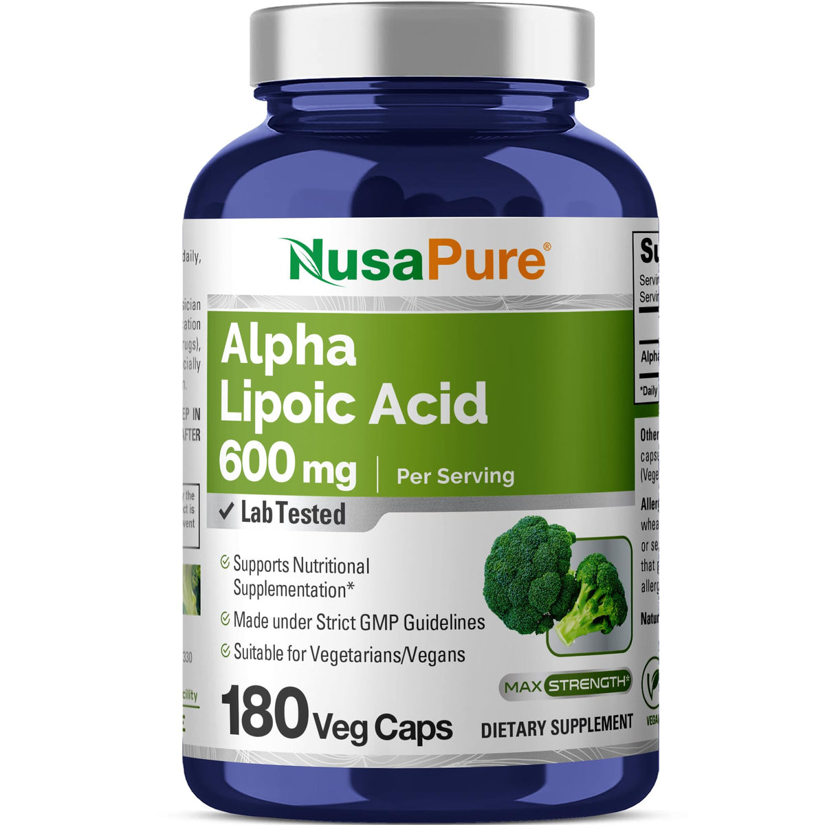 NusaPure Alpha Lipoic Acid 600 mg per Serving 180 Veggie Capsules (Vegetarian, Non-GMO, Vegan) NusaPureBuy Supplements Australia