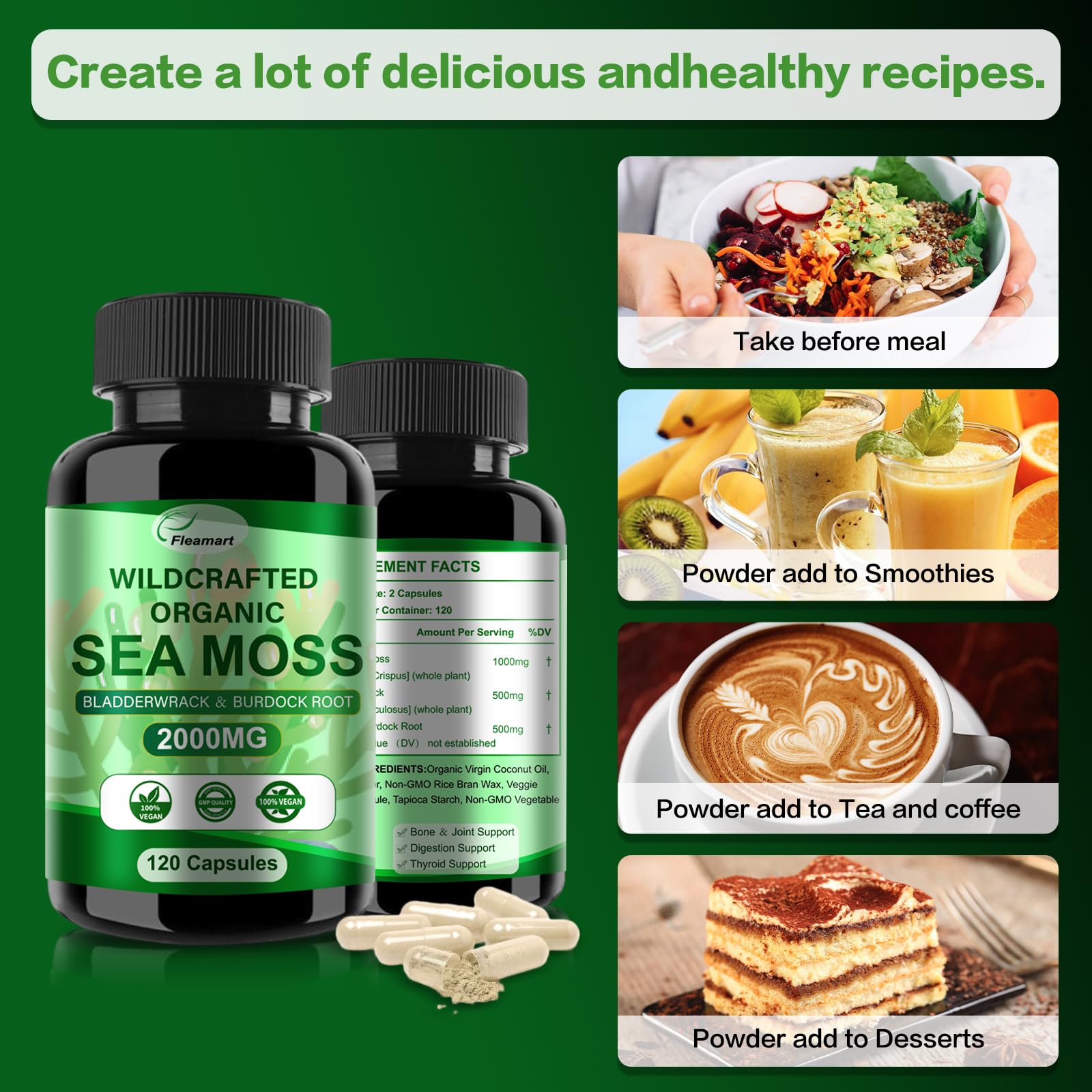 Fleamart Irish Sea Moss Capsules 120ct Raw Organic Sea Moss Wildcrafted Bladderwrack FleamartBuy Supplements Australia