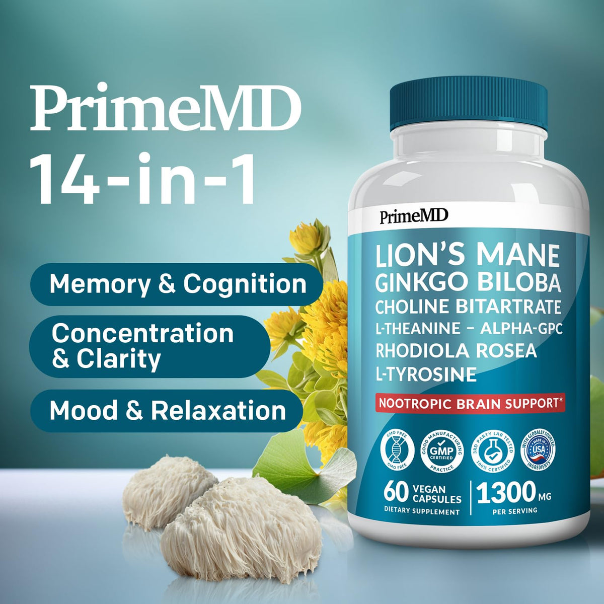 14-in-1 Lions Mane Supplement Capsules - Nootropic Brain Supplement with Ginkgo Biloba for Brain Support, Memory and Focus - Alpha GPC, L Theanine & Choline Supplements with 1300mg Per Serving (60 ct) PrimeMDBuy Supplements Australia