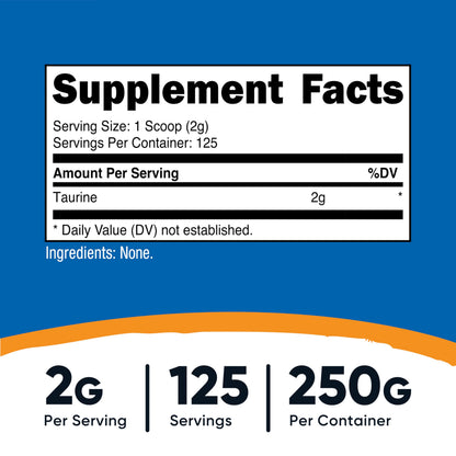 Nutricost Taurine Powder 250 Grams - 125 Servings, 2000mg Per Serving NutricostBuy Supplements Australia