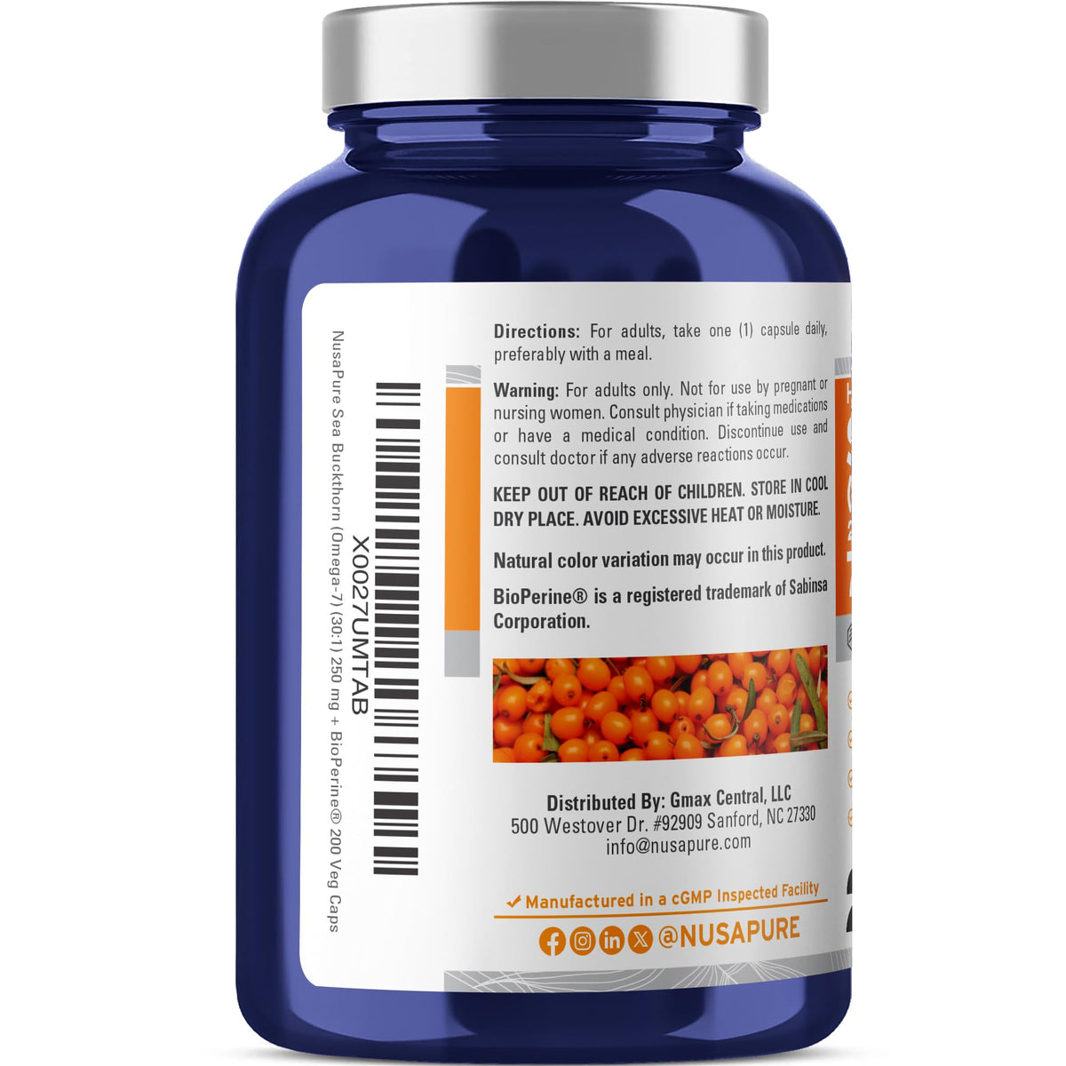 NusaPure Sea Buckthorn Omega-7 30:1 Extract, 250 mg Equivalent to 7,500mg per Veggie Caps - 200 Capsules - Non-GMO & Vegan NusaPureBuy Supplements Australia