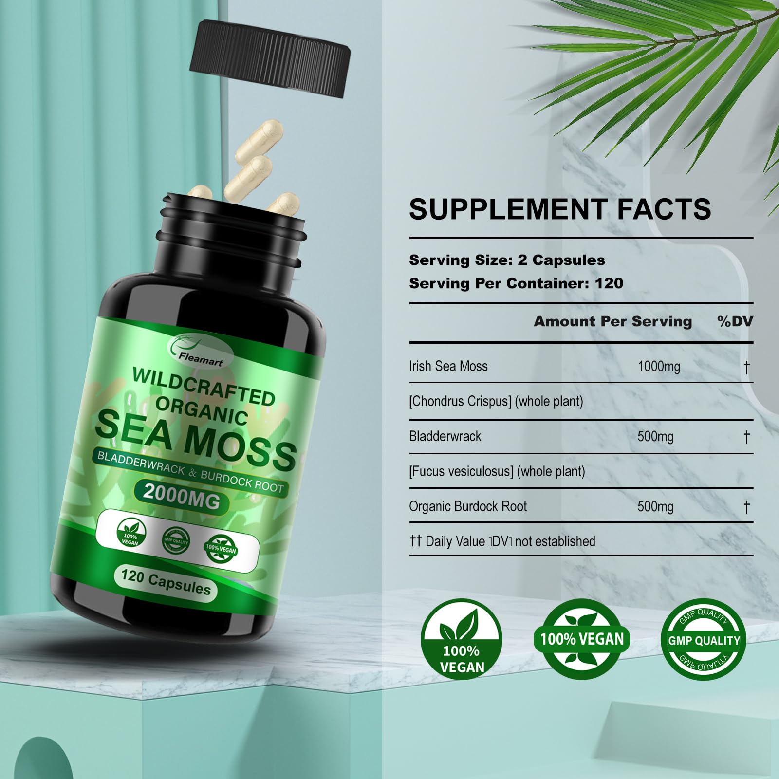 Fleamart Irish Sea Moss Capsules 120ct Raw Organic Sea Moss Wildcrafted Bladderwrack FleamartBuy Supplements Australia