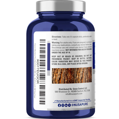 NusaPure French Maritime Pine Bark Extract 400mg per Veggie Caps 200-Day Supply Bioperine Non-GMO Vegan NusaPureBuy Supplements Australia