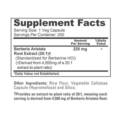 NusaPure Berberine HCI 20:1 Extract, 225 mg Equivalent to 4,500mg - 200 Veggie Caps - (Vegetarian, Non-GMO, Vegan) NusaPureBuy Supplements Australia