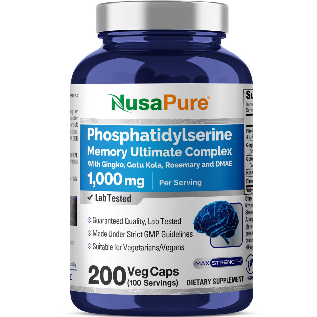 NusaPure Phosphatidylserine Memory Ultimate Complex 1000mg 200 Vegetarian Caps (Vegan, Non-GMO) NusaPureBuy Supplements Australia