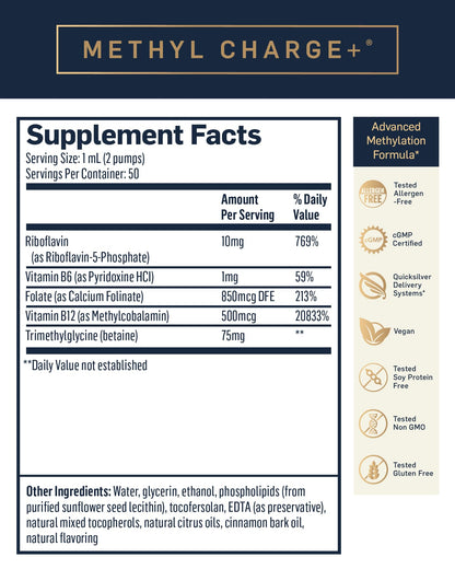 Quicksilver Scientific Methyl Charge - Methylation, Liver, Detox + Energy Supplement - Folate, Vitamin B12, Riboflavin, Vitamin B6 + TMG Supplement with Superior Absorption - Vegan B Vitamins (50ml) Quicksilver ScientificBuy Supplements Australia
