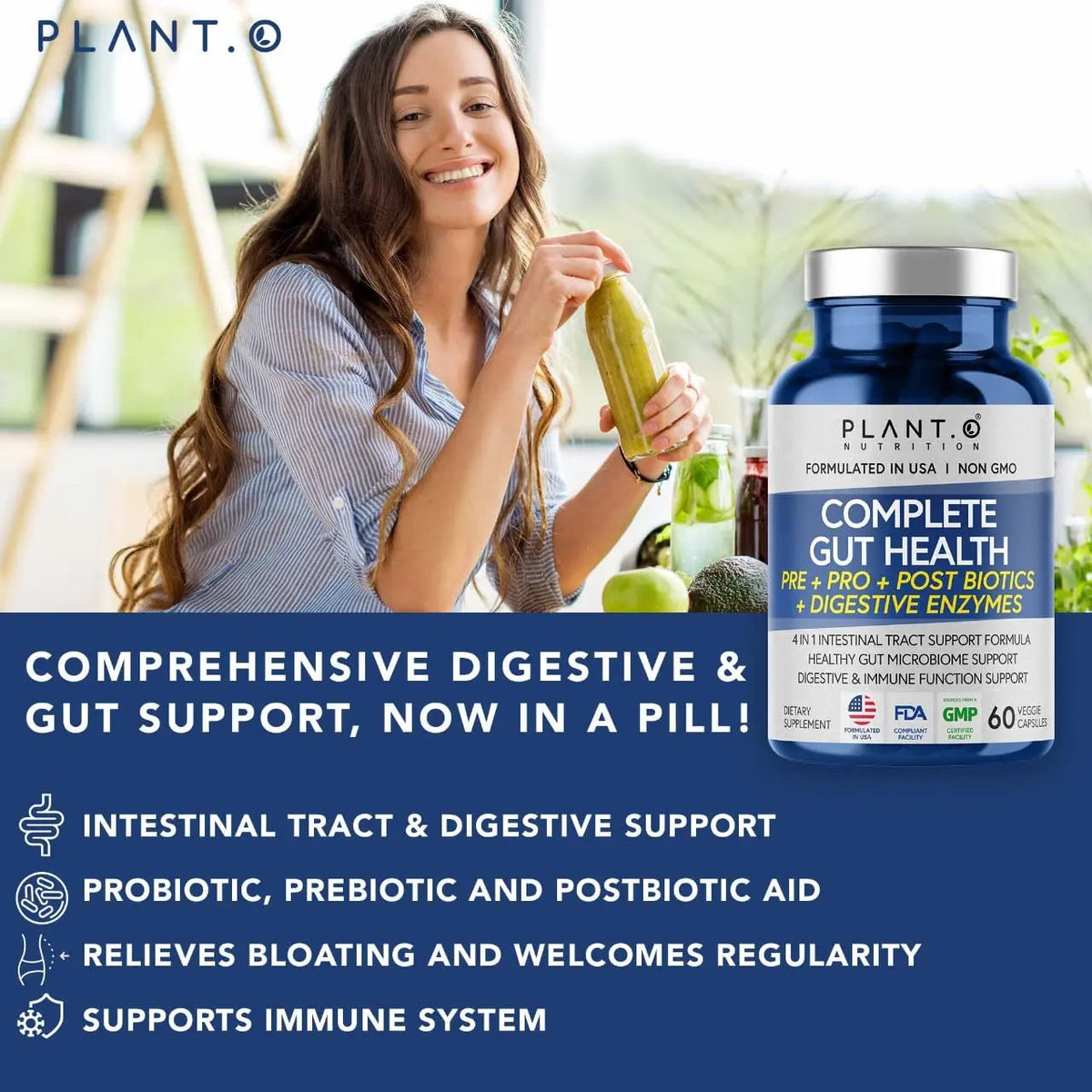 4-in-1 Prebiotic Probiotic & Postbiotic for Women & Men, Complete Gut & Digestive Support Supplement, Pre Post Probiotics & Digestive Enzymes 60 Capsules PLANT.O NUTRITIONBuy Supplements Australia