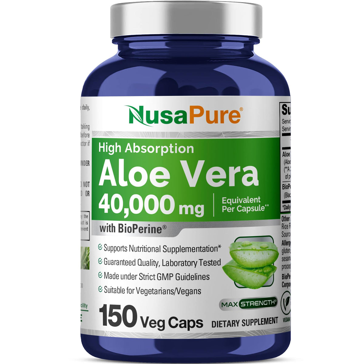 NusaPure Aloe Vera 40,000mg Per Veggie Caps - 150 Count - Aloe Vera Gel Supplement - Extract 200:1, Vegetarian, Non-GMO, Bioperine NusaPureBuy Supplements Australia