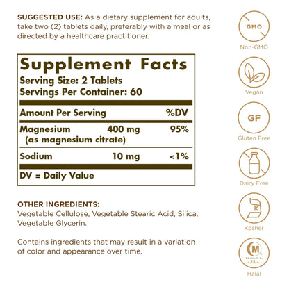 Solgar Magnesium Citrate - 120 Tablets, Pack of 2 - Promotes Healthy Bones, Supports Nerve & Muscle Function - Highly Absorbable - Non-GMO, Vegan, Gluten Free, Kosher - 120 Total Servings SolgarBuy Supplements Australia